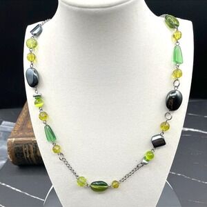 Silver-Tone Green Peridot Tourmaline Station Statement‎ Beaded Lobster Necklace